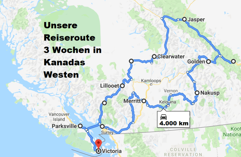 Karte Reiseroute drei Wochen im Westen von Kanada Reiseroute drei Wochen im Westen von Kanada