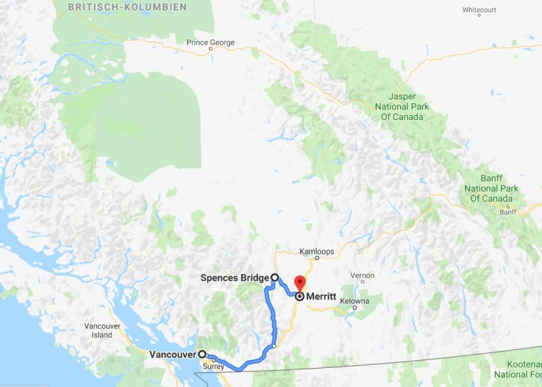 Karte erste Etappe von Vancouver nach Merritt Karte erste Etappe von Vancouver nach Merritt